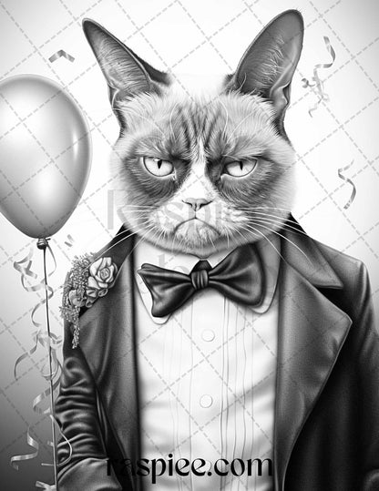 50 Grumpy Cat Grayscale Coloring Pages Printable for Adults, PDF File Instant Download