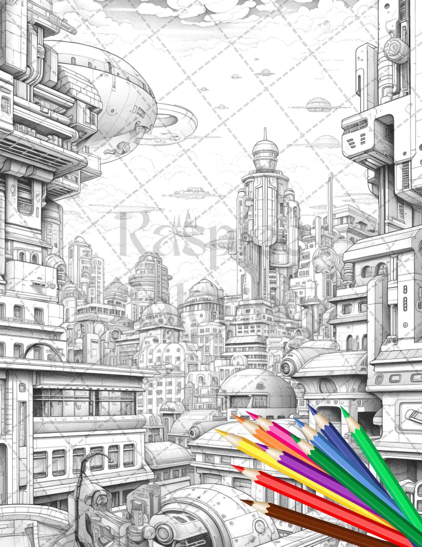 50 Futuristic Metropolis Grayscale Coloring Pages Printable for Adults, PDF File Instant Download
