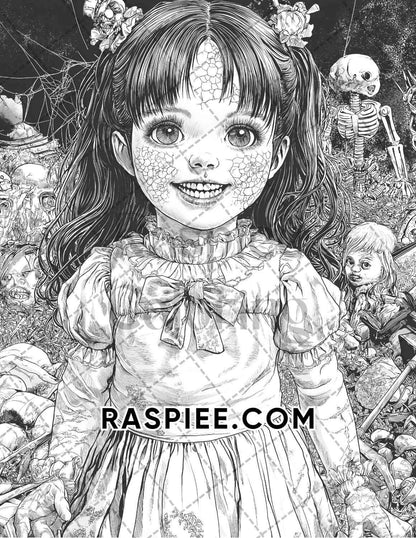 Haunted Dolls Halloween Horror Adult Coloring Pages Printable PDF Instant Download