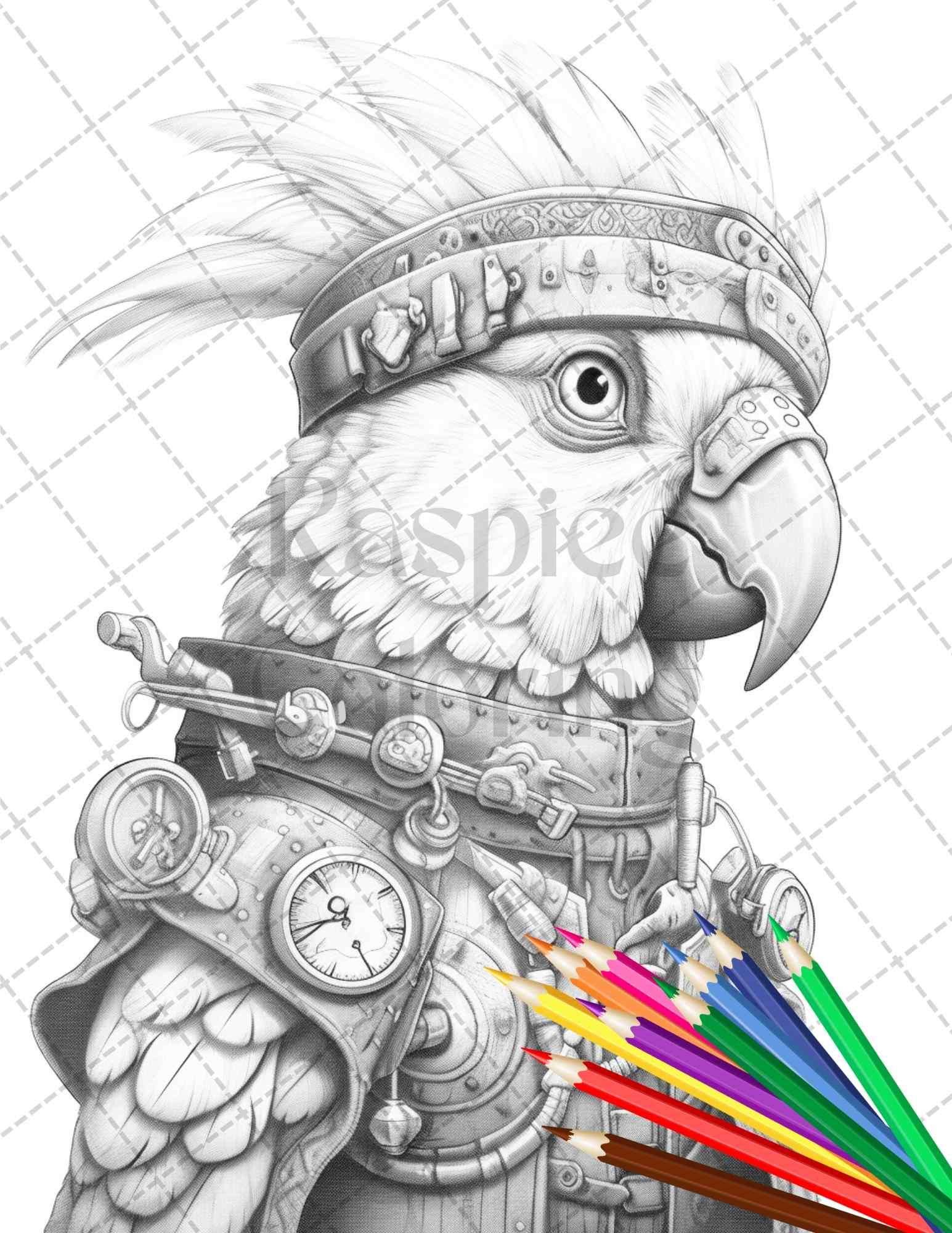 60 Steampunk Animals Grayscale Coloring Pages Printable for Adults, PDF File Instant Download