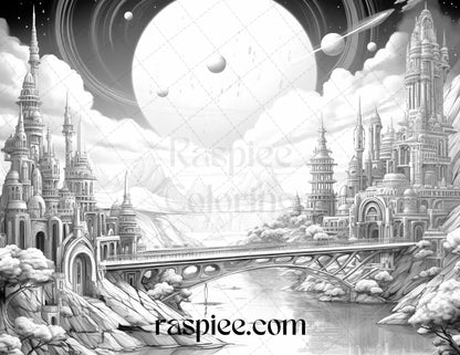 55 Celestial Landscapes Grayscale Coloring Pages Printable for Adults, PDF File Instant Download