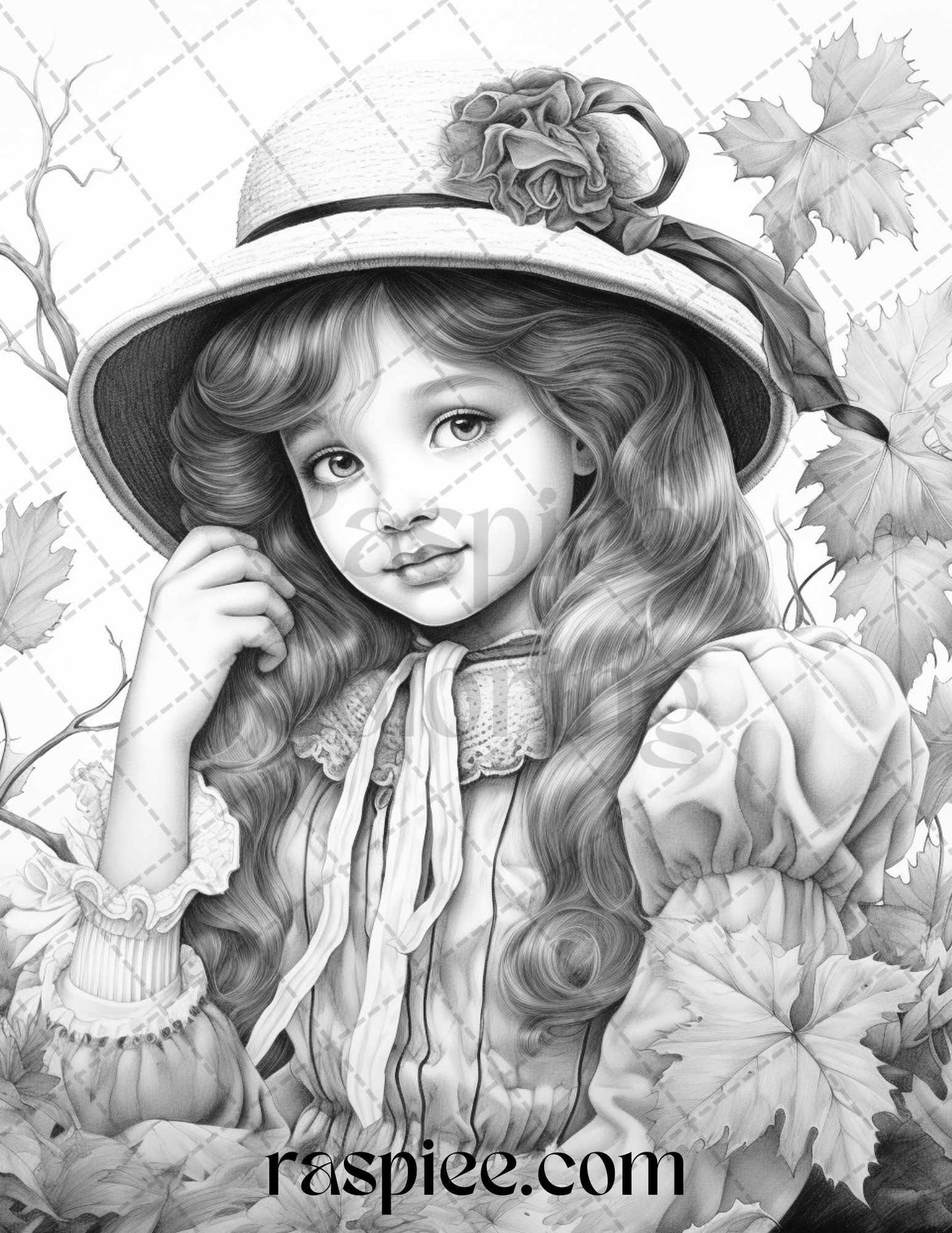 60 Victorian Autumn Portrait Grayscale Coloring Pages Printable for Adults, PDF File Instant Download