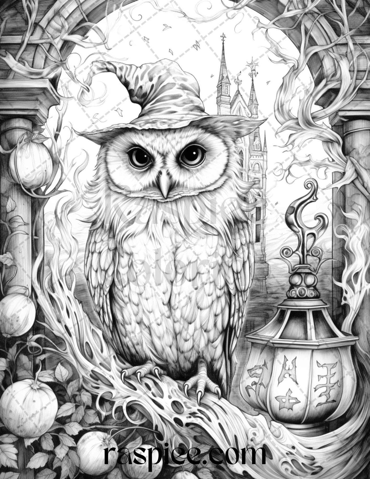 Halloween Witch Owl Grayscale Coloring Pages for Adults and Kids, Printable PDF Instant Download