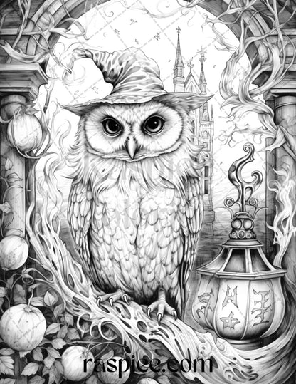 Halloween Witch Owl Grayscale Coloring Pages for Adults and Kids, Printable PDF Instant Download
