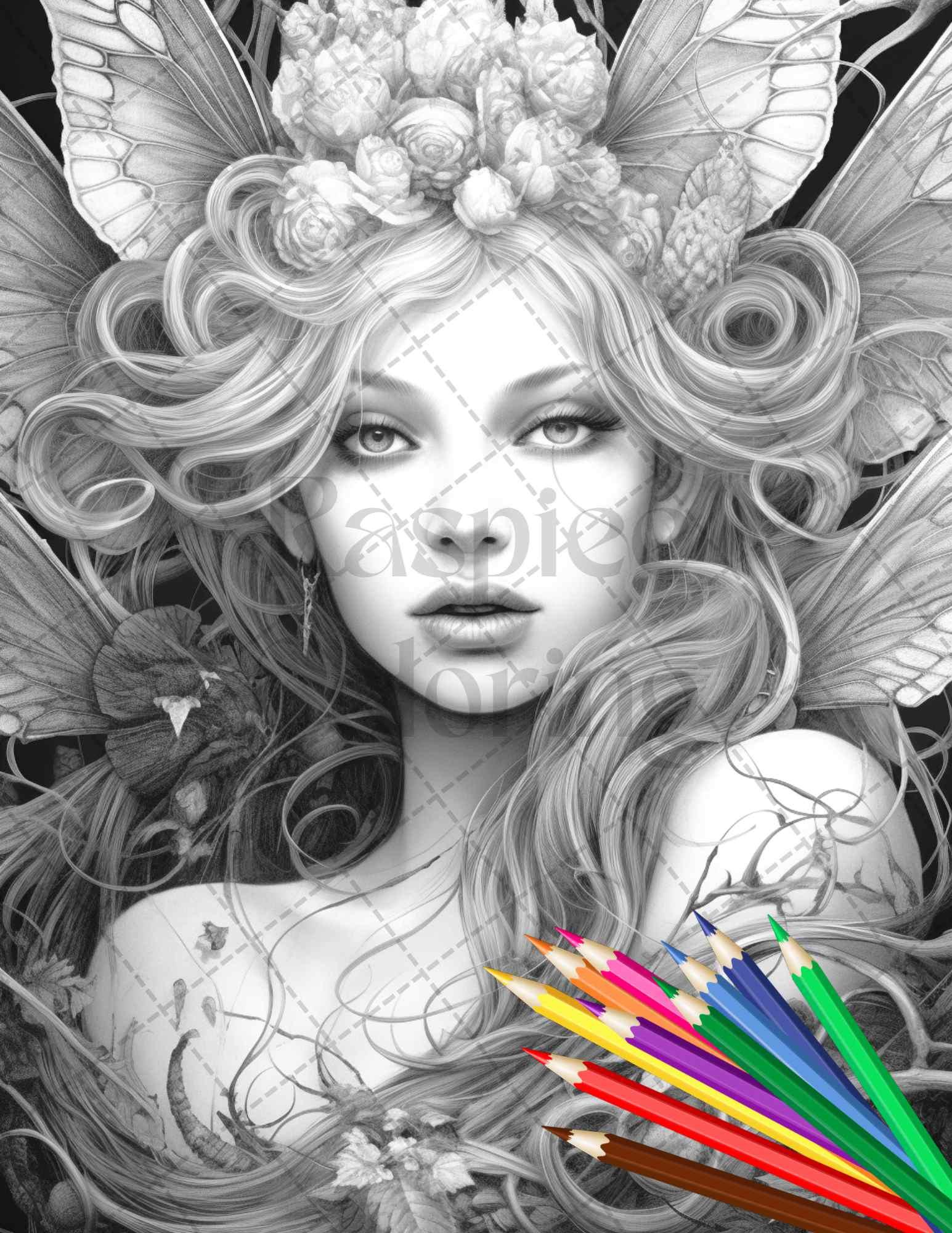 Beautiful Dark Fairy Grayscale Coloring Pages Printable for Adults, PDF File Instant Download