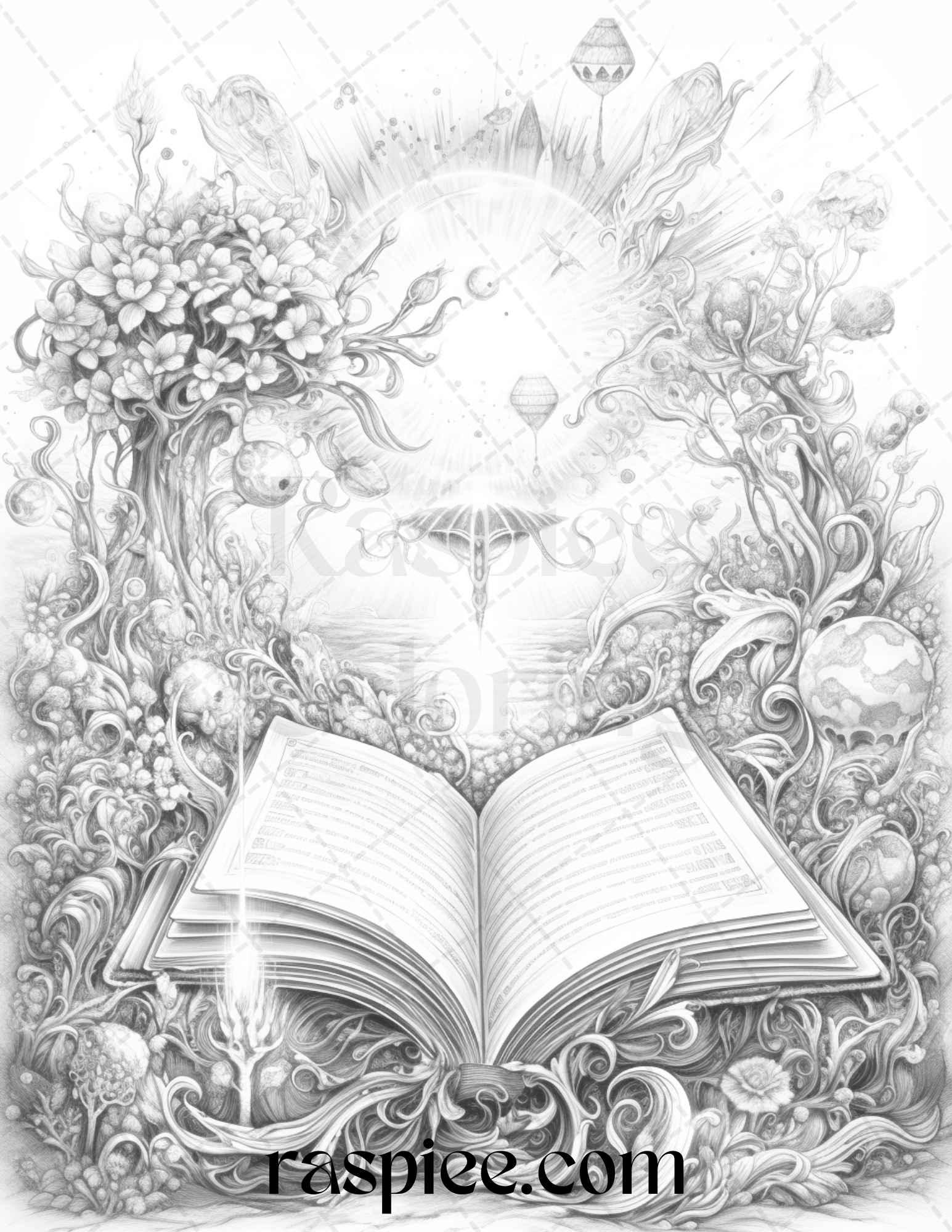 50 Magical Books Grayscale Coloring Pages Printable for Adults, PDF File Instant Download