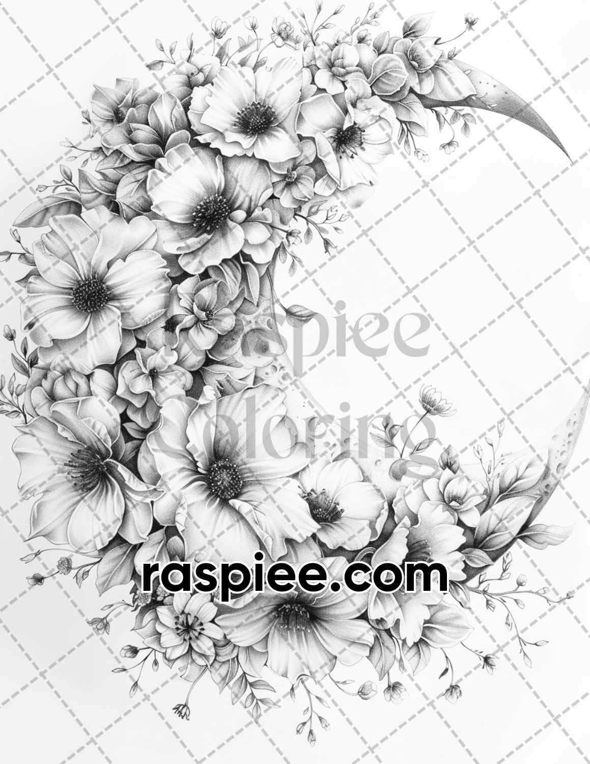 60 Boho Moon Floral Grayscale Adult Coloring Pages Printable PDF Instant Download