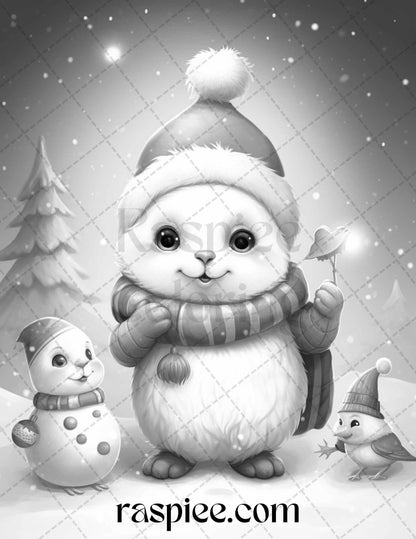 70 Christmas Critters Grayscale Coloring Pages Printable for Adults and Kids, PDF File Instant Download