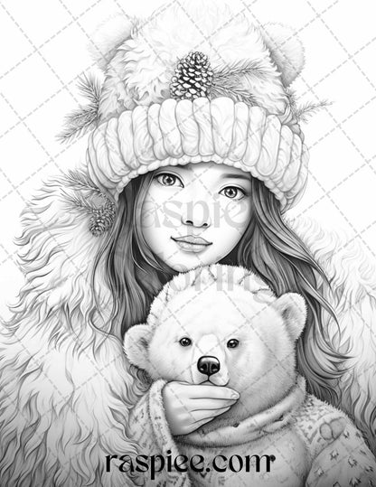60 Beautiful Winter Girls Grayscale Coloring Pages Printable for Adults, PDF File Instant Download