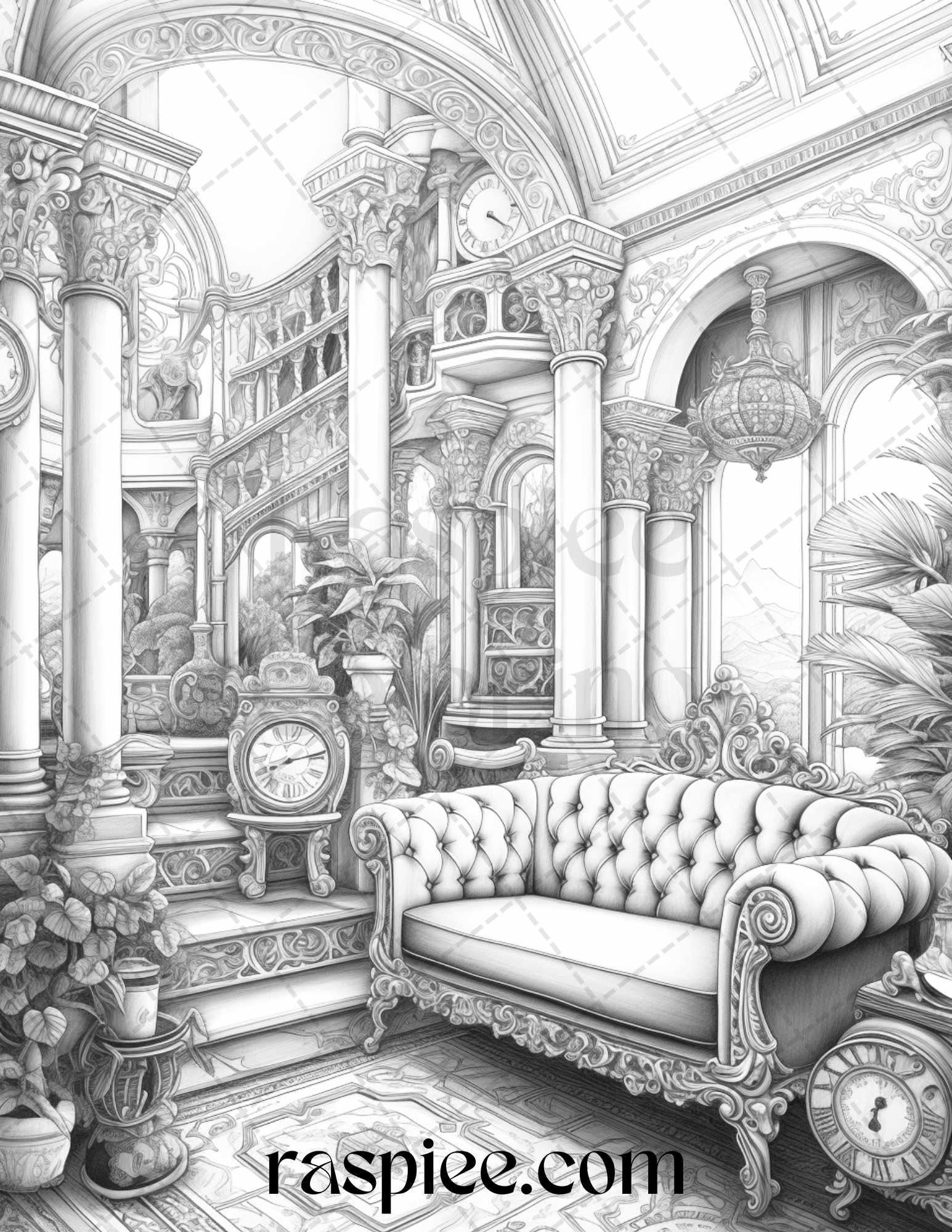 Fantasy Interior Grayscale Coloring Pages for Adults, Printable PDF File Instant Download