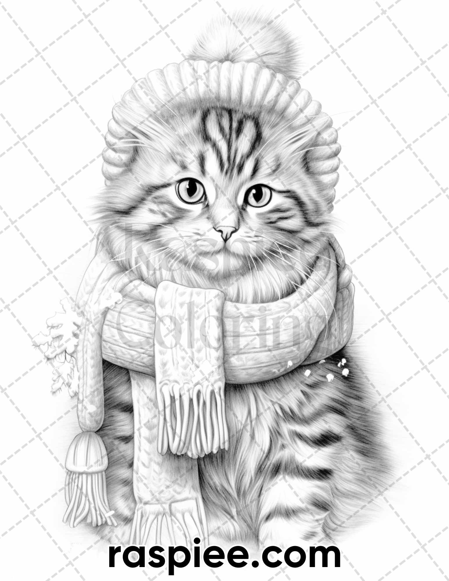 40 Christmas Cats Grayscale Coloring Pages for Adults, Printable PDF Instant Download