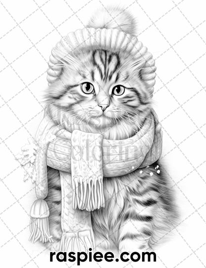 40 Christmas Cats Grayscale Coloring Pages for Adults, Printable PDF Instant Download