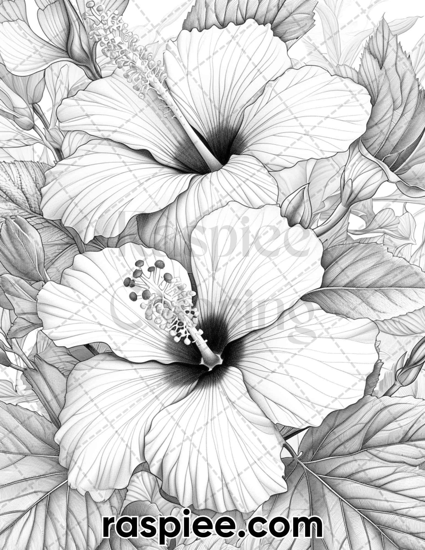 60 Spring Blossoms Grayscale Adult Coloring Pages, Printable PDF Instant Download