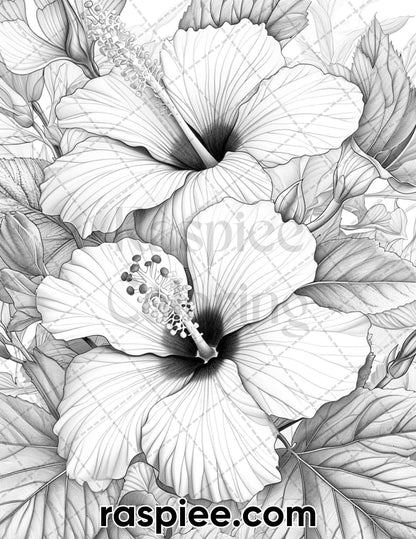 60 Spring Blossoms Grayscale Adult Coloring Pages, Printable PDF Instant Download