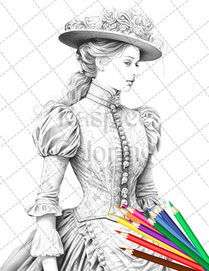 50 Victorian Fashion Grayscale Coloring Pages Printable for Adults, PDF File Instant Download