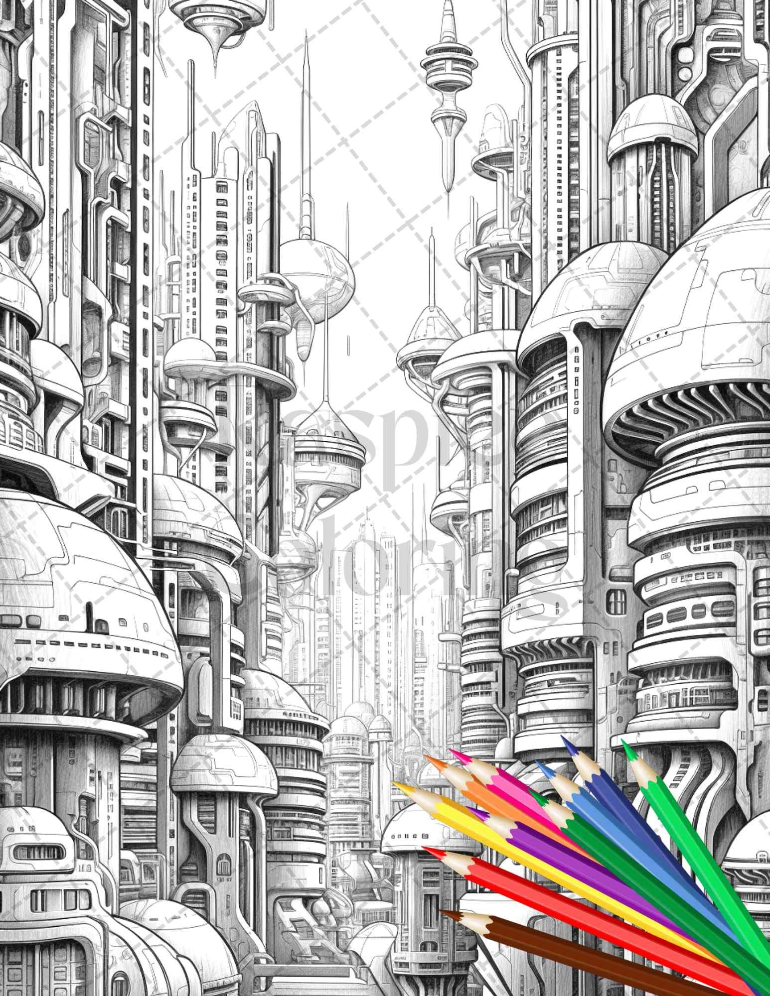 50 Futuristic Metropolis Grayscale Coloring Pages Printable for Adults, PDF File Instant Download