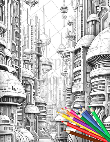 50 Futuristic Metropolis Grayscale Coloring Pages Printable for Adults, PDF File Instant Download