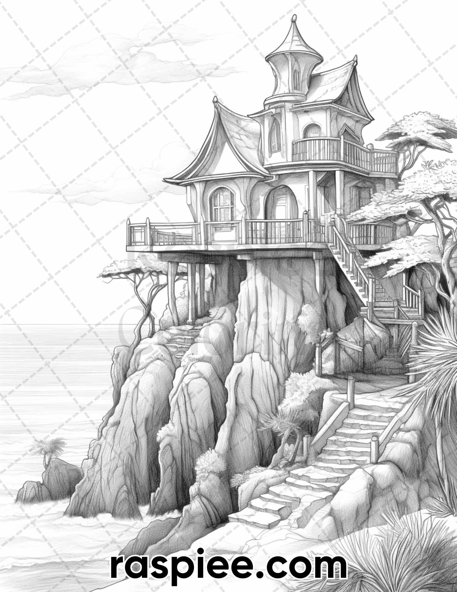 50 Fairy Beach Houses Grayscale Coloring Pages for Adults, Printable PDF Instant Download