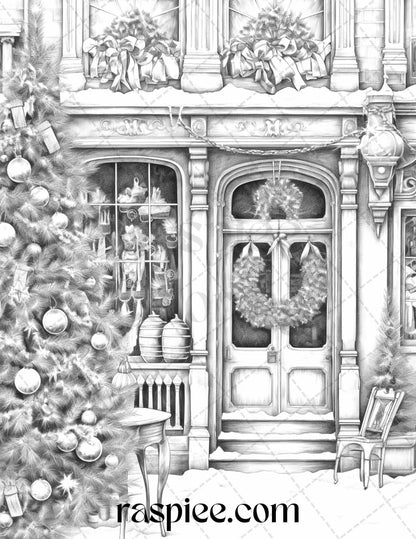 Christmas Store Front Grayscale Coloring Pages for Adults, PDF Printable Instant Download