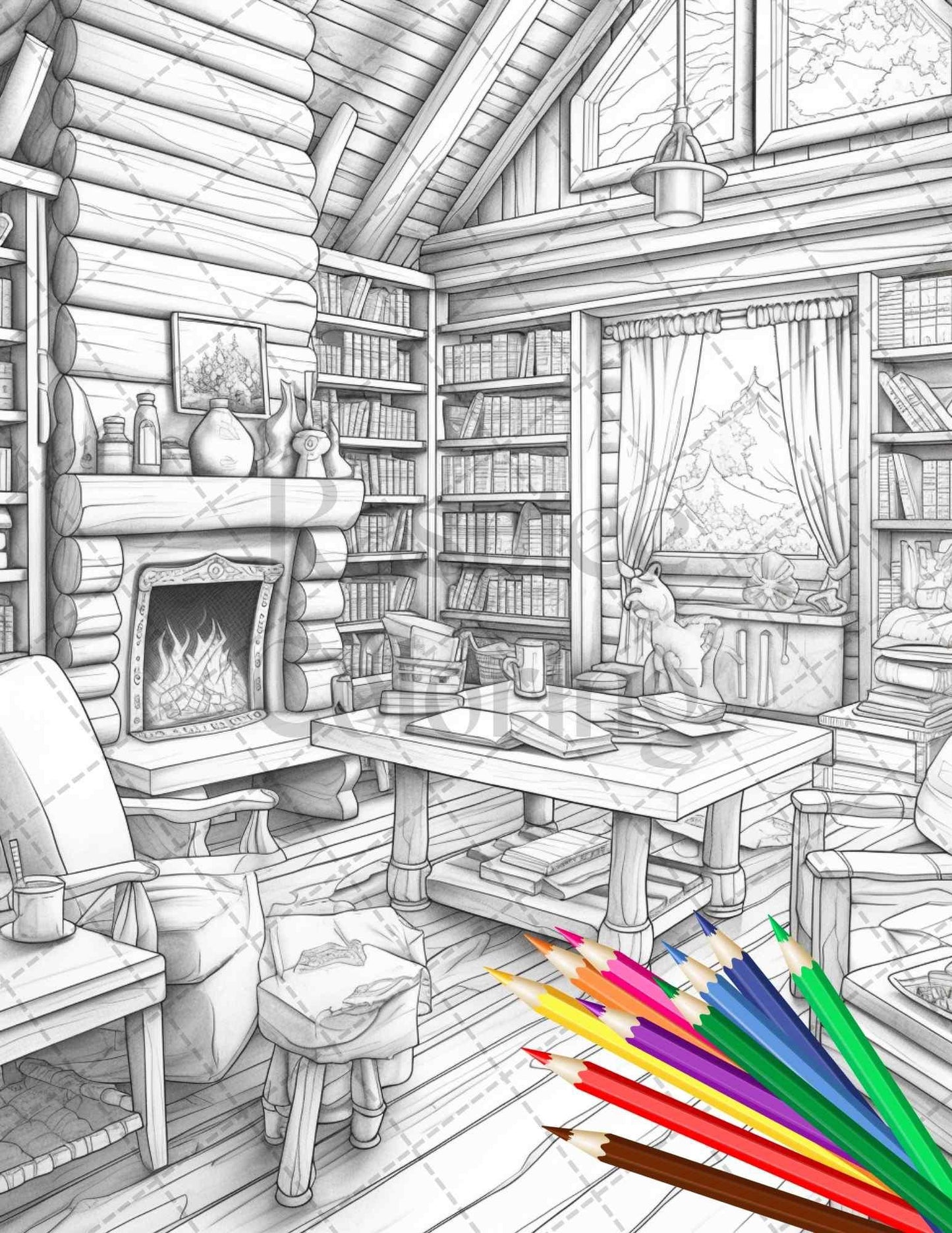 Cozy Cabin Interior Grayscale Coloring Pages Printable for Adults, PDF File Instant Download