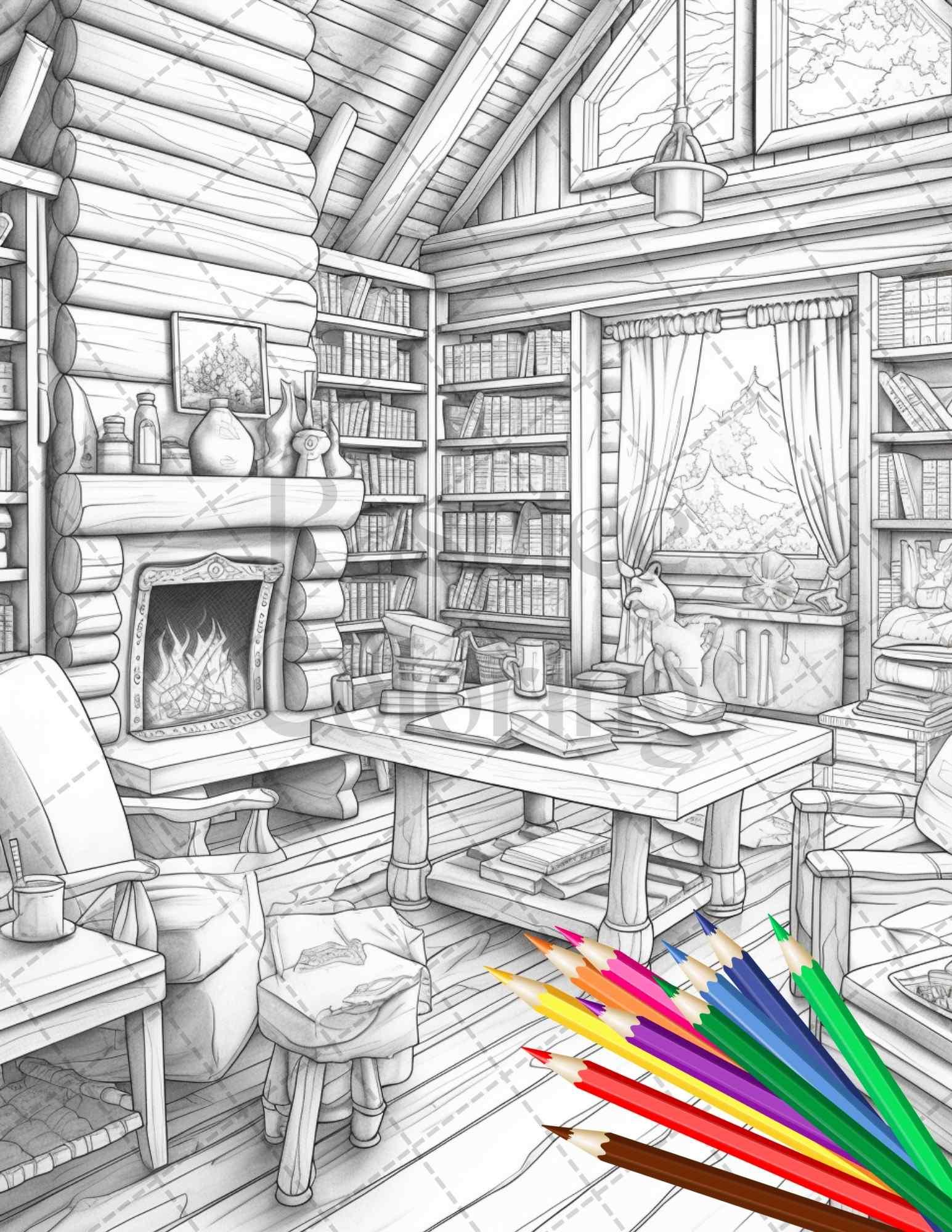 Cozy Cabin Interior Grayscale Coloring Pages Printable for Adults, PDF File Instant Download