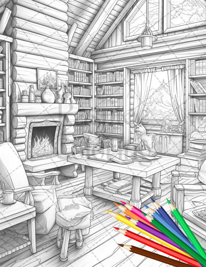 Cozy Cabin Interior Grayscale Coloring Pages Printable for Adults, PDF File Instant Download
