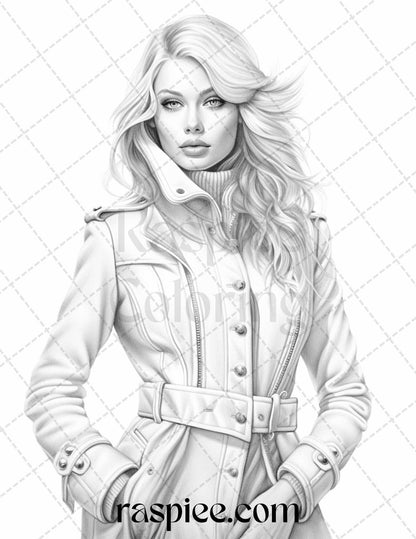 40 Winter Fashion Grayscale Coloring Pages Printable for Adults, PDF File Instant Download