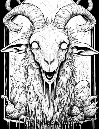 50 Halloween Scary Animals Grayscale Coloring Pages Printable for Adults, PDF File Instant Download