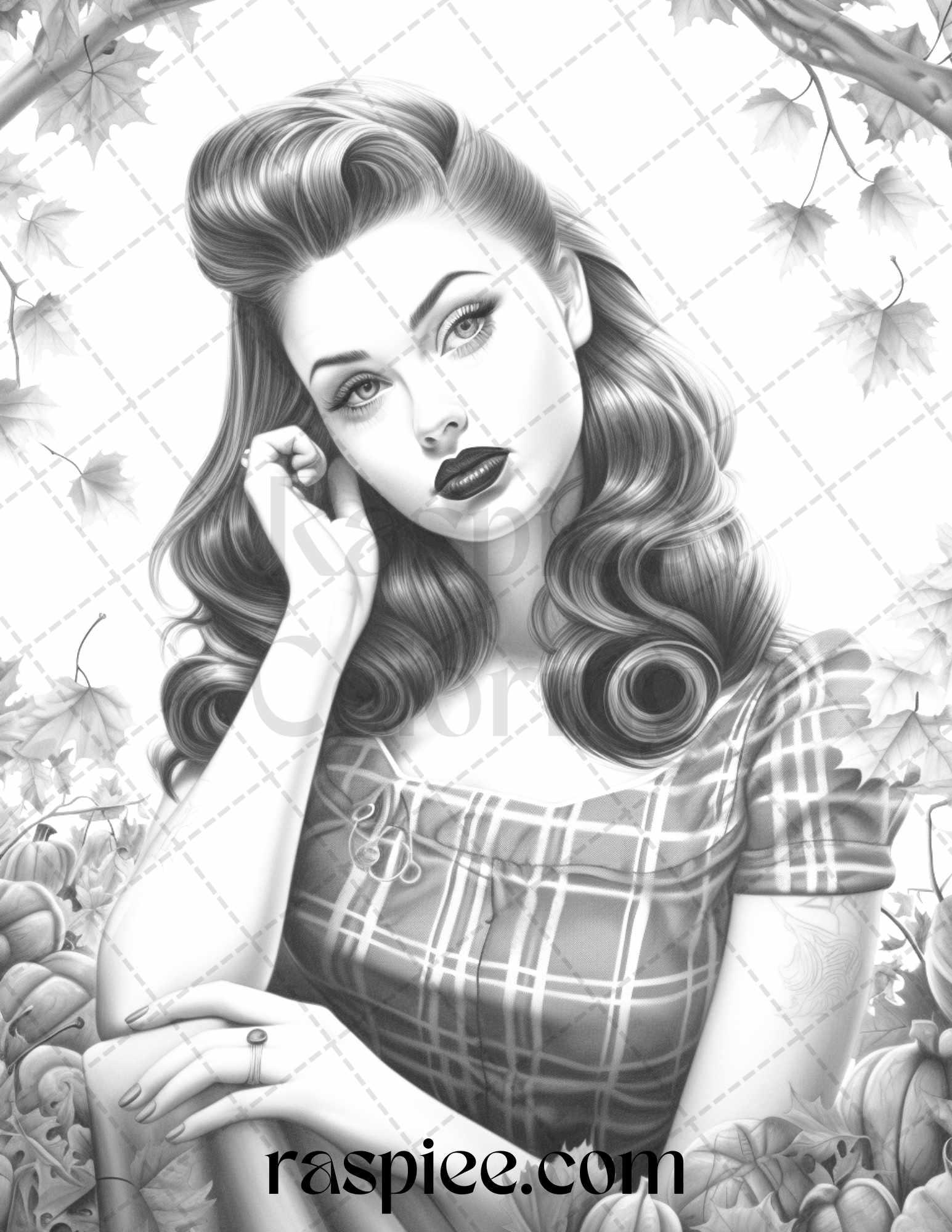 55 Autumn Pin Up Girls Grayscale Coloring Pages Printable for Adults, PDF File Instant Download