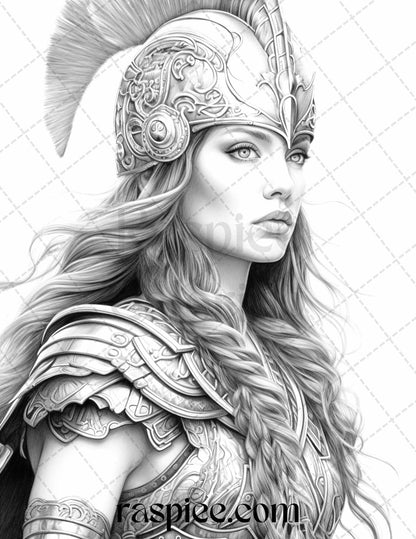 Greek Women Warriors Grayscale Coloring Pages for Adults, Printable PDF File Instant Download