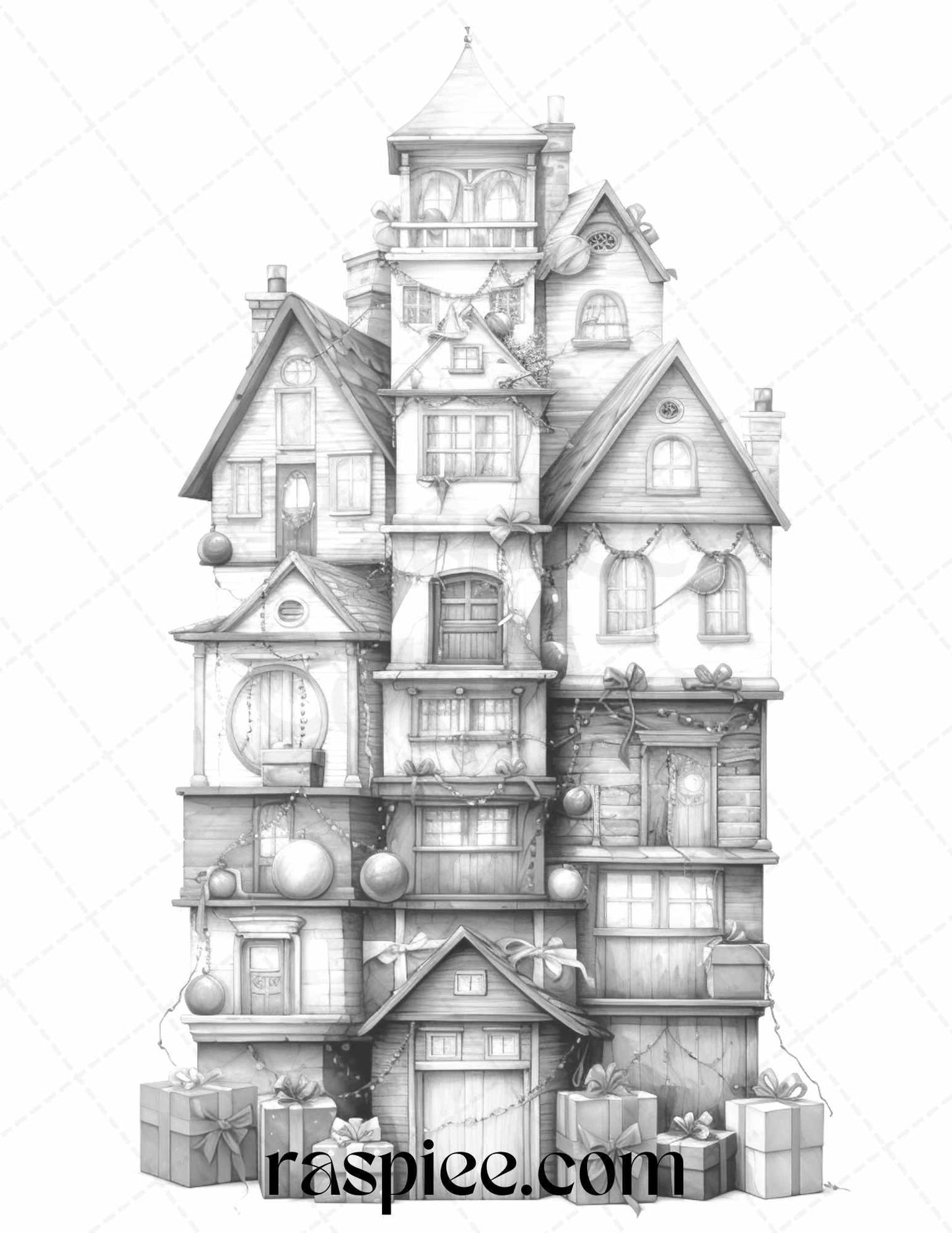 40 Adorable Gift Box Houses Grayscale Coloring Pages Printable for Adults Kids, PDF File Instant Download