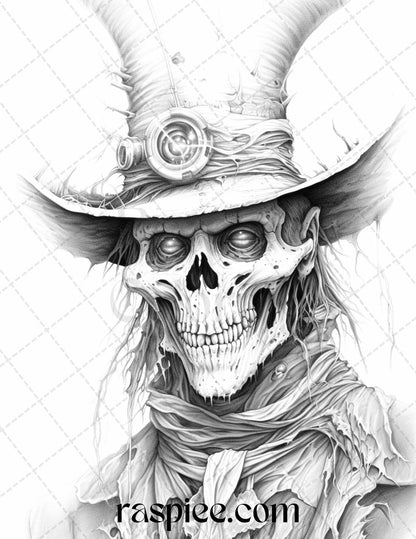 53 Scary Steampunk Scarecrows Grayscale Coloring Pages Printable for Adults, PDF File Instant Download