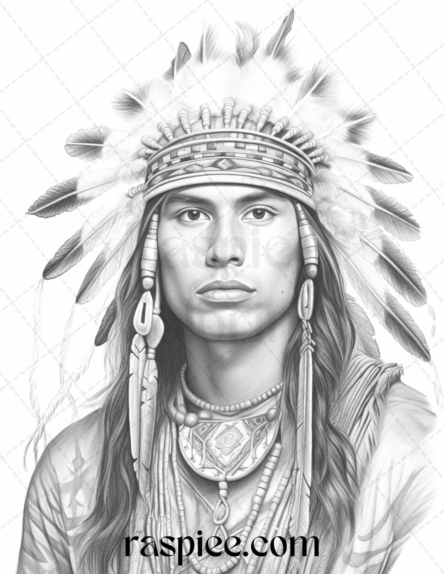 Native American Portrait Grayscale Coloring Pages Printable for Adults, PDF File Instant Download