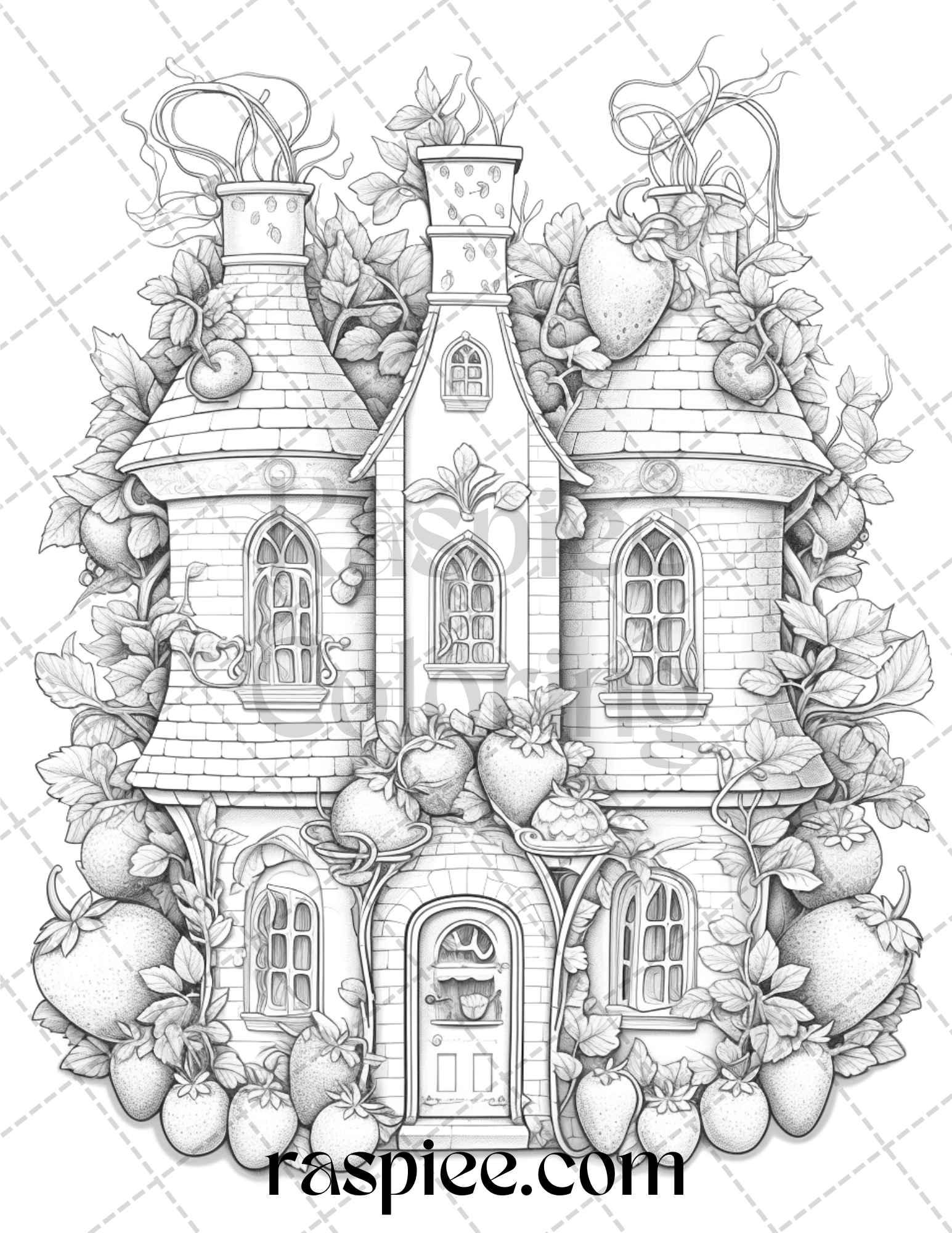 50 Strawberry Houses Grayscale Coloring Pages Printable for Adults Kids, PDF File Instant Download