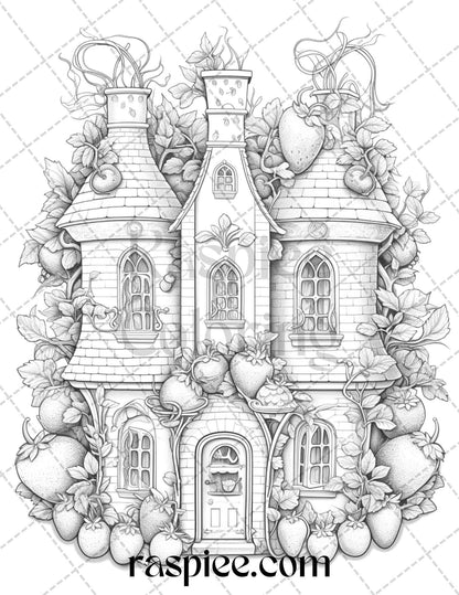 50 Strawberry Houses Grayscale Coloring Pages Printable for Adults Kids, PDF File Instant Download