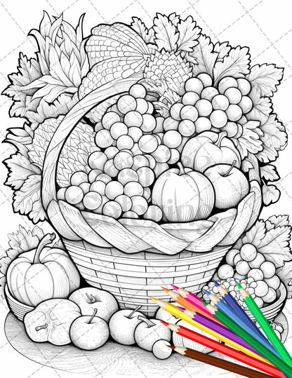 Autumn Harvest Grayscale Coloring Pages Printable for Adults, Relaxing Fall Themed Art, PDF File Instant Download