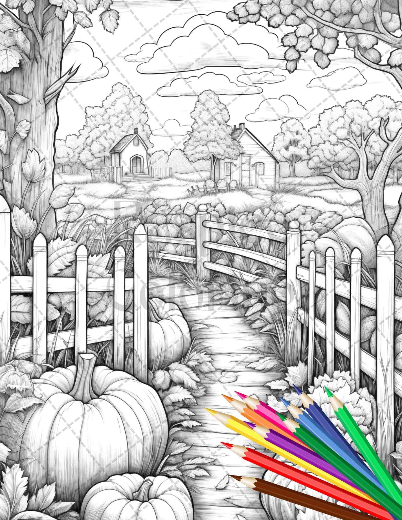 Pumpkin Garden Scenery Grayscale Coloring Pages Printable for Adults, PDF File Instant Download