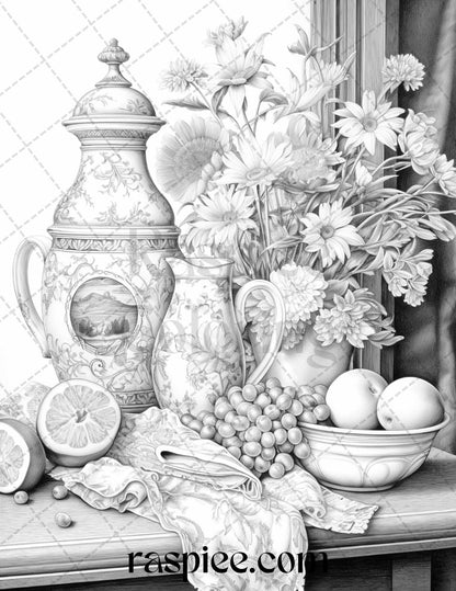 52 Still Life Grayscale Coloring Pages Printable for Adults, PDF File Instant Download