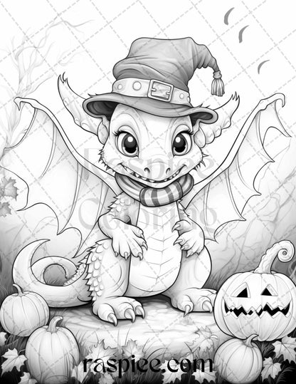 50 Cute Pumpkin Dragons Graycale Coloring Pages for Adults and Kids, Printable PDF File Instant Download