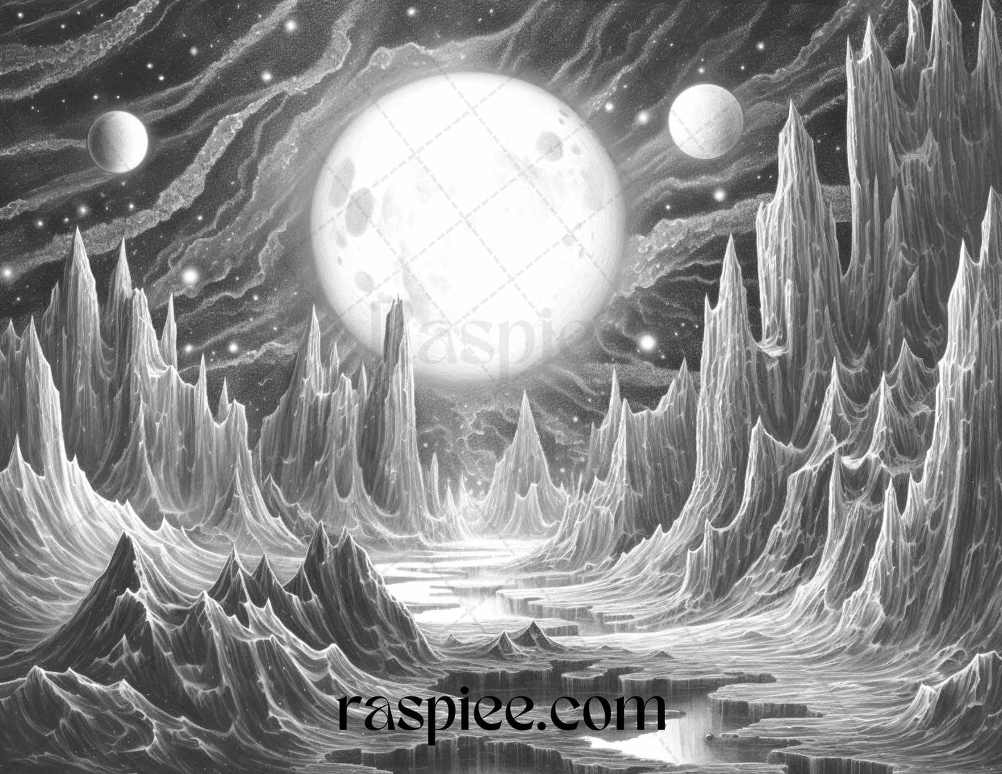 55 Celestial Landscapes Grayscale Coloring Pages Printable for Adults, PDF File Instant Download