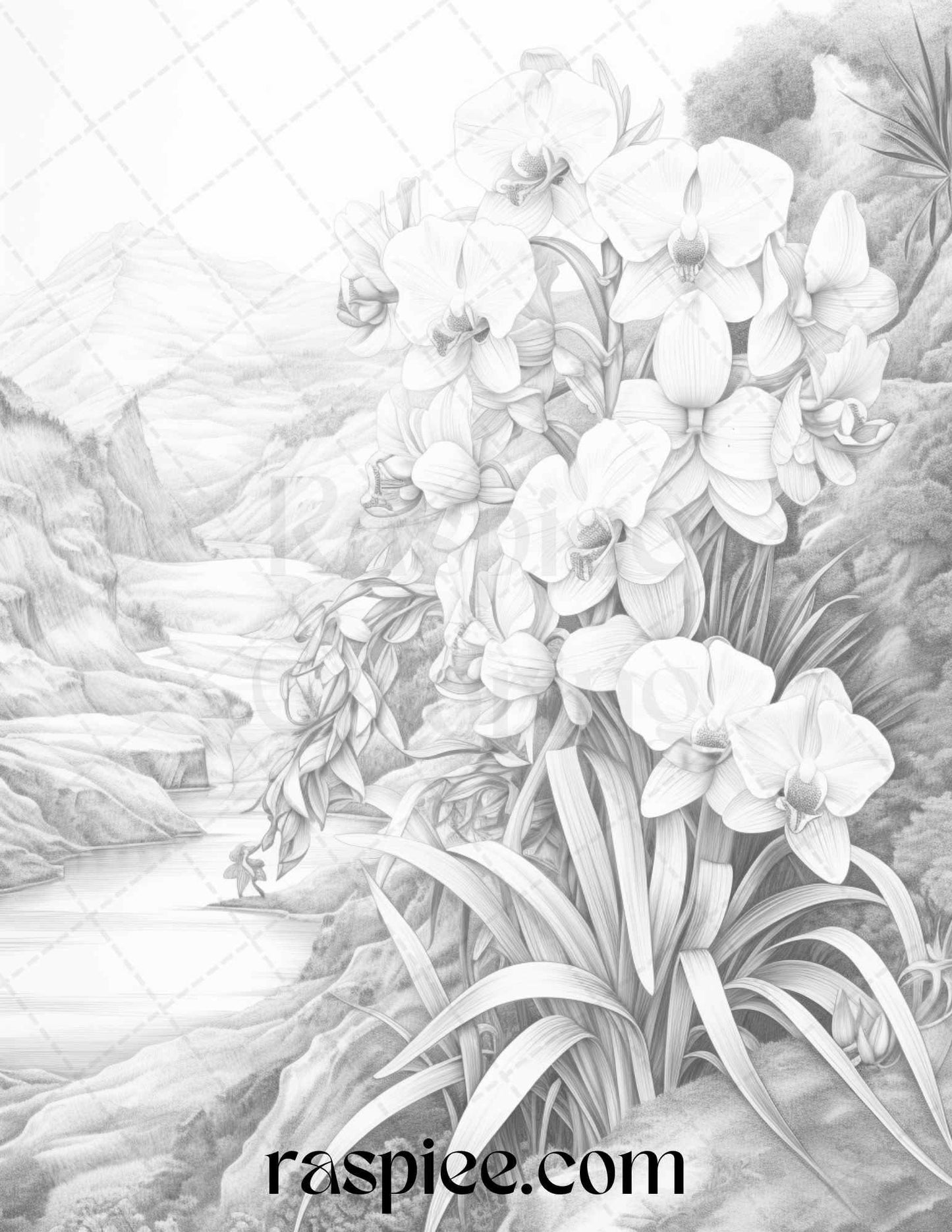 60 Mountain Flower Landscapes Grayscale Coloring Pages Printable for Adults, PDF File Instant Download