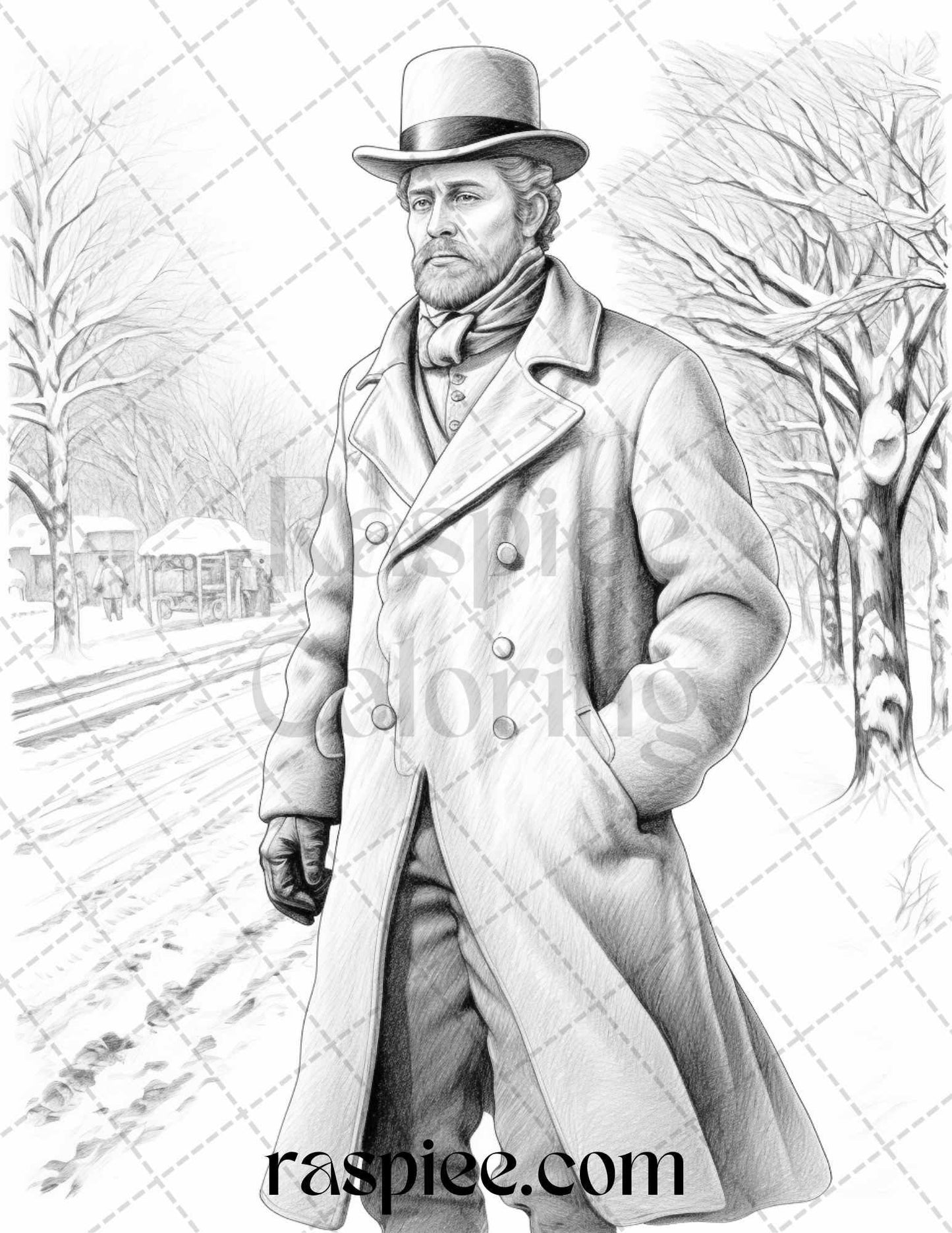 60 Victorian Winter Portrait Grayscale Coloring Pages Printable for Adults, PDF File Instant Download