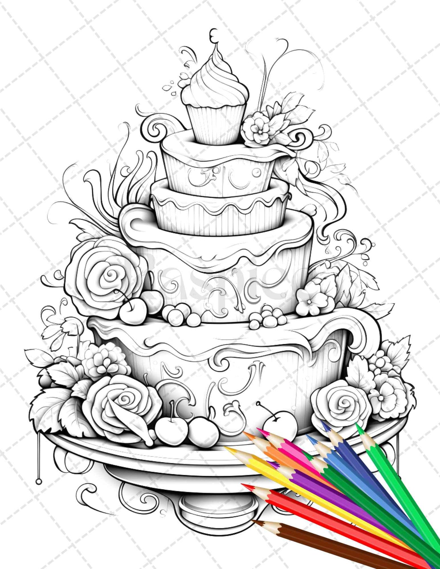 38 Whimsical Cakes Grayscale Coloring Pages for Adults, PDF File Instant Download