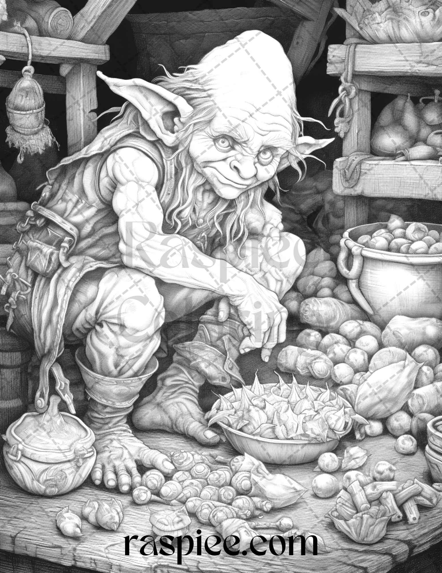 Fantasy Goblins Grayscale Coloring Pages Printable for Adults, PDF File Instant Download