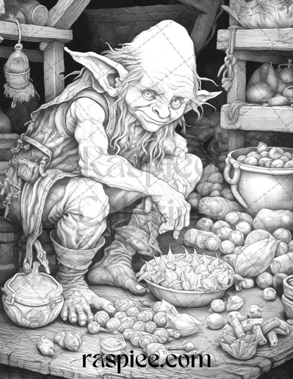 Fantasy Goblins Grayscale Coloring Pages Printable for Adults, PDF File Instant Download