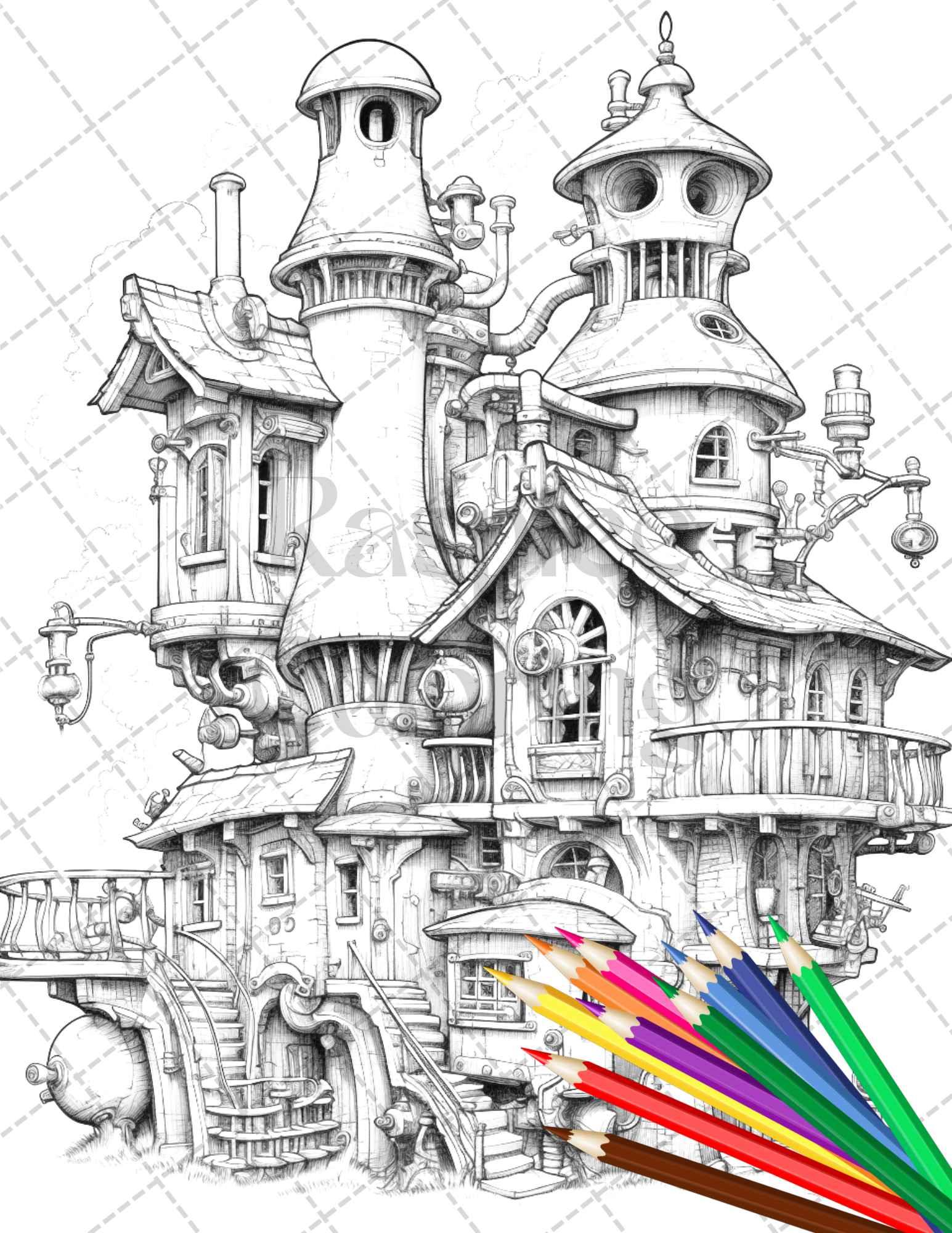 50 Steampunk Houses Grayscale Coloring Pages Printable for Adults, PDF File Instant Download