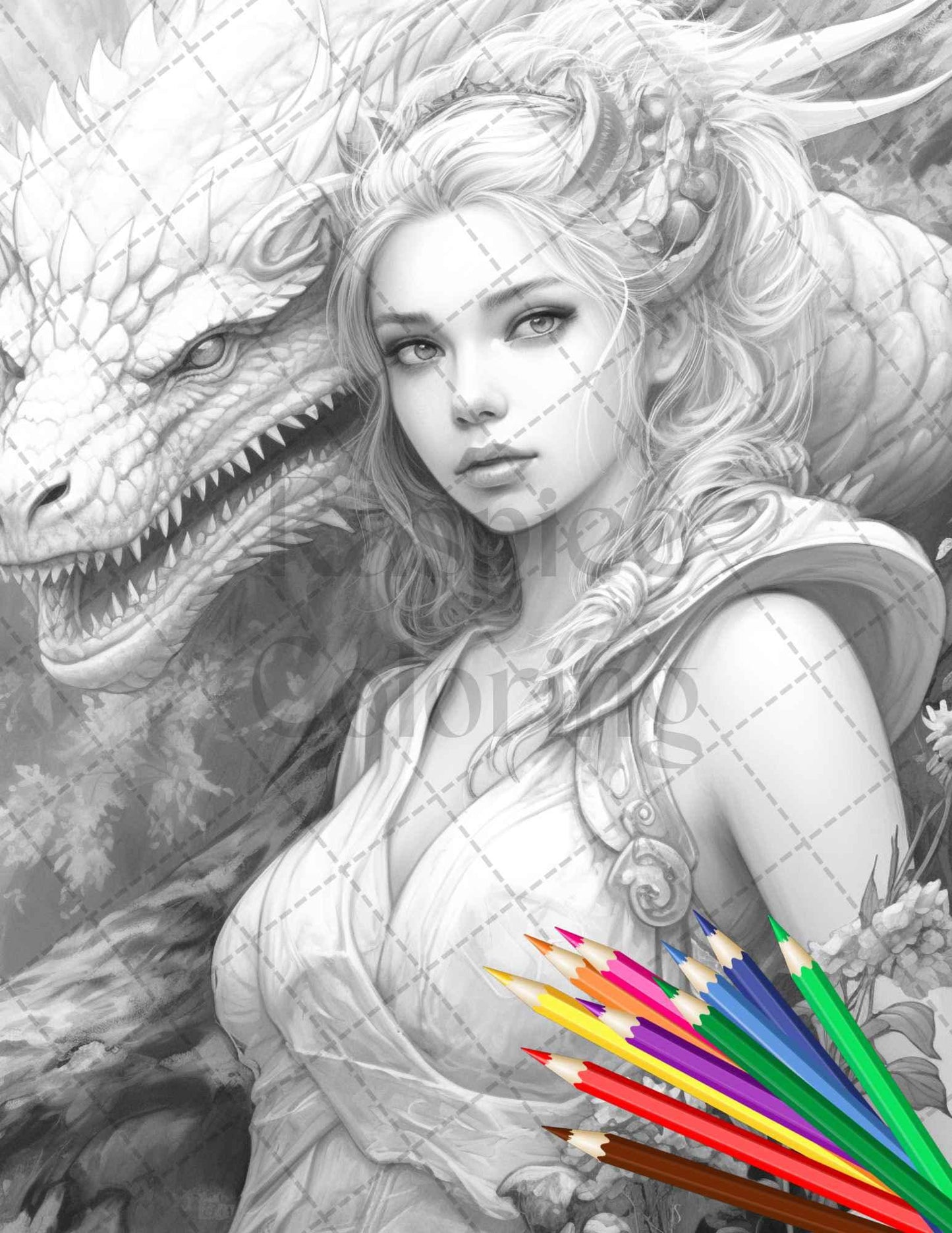 Enchanted Dragon Queens Grayscale Coloring Pages Printable for Adults, PDF File Instant Download