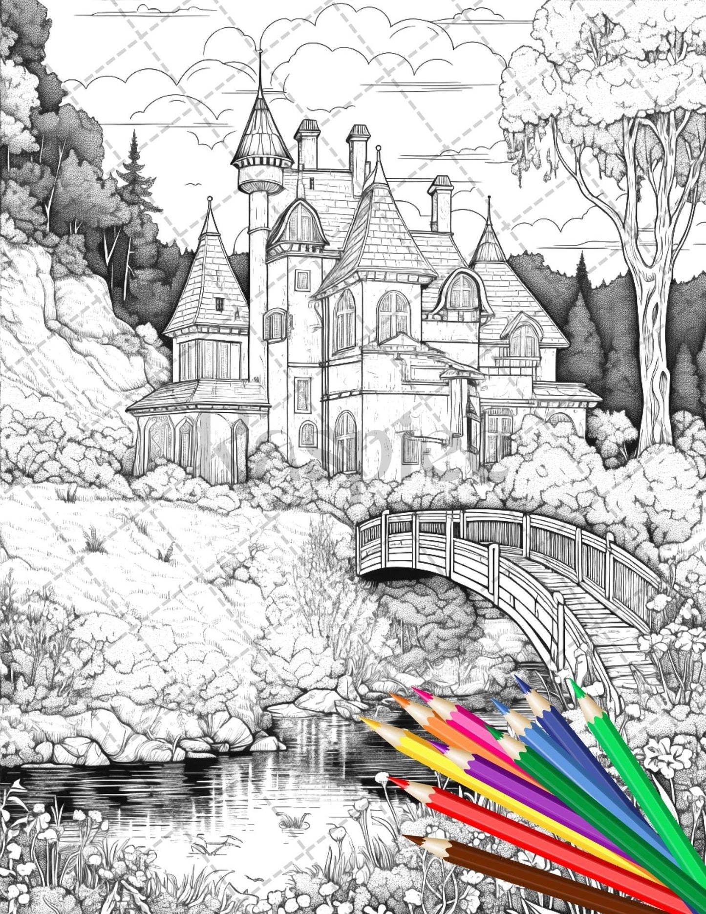 122 Fantasy Castles Coloring Book for Adults, Grayscale Coloring Page, Printable PDF Instant Download