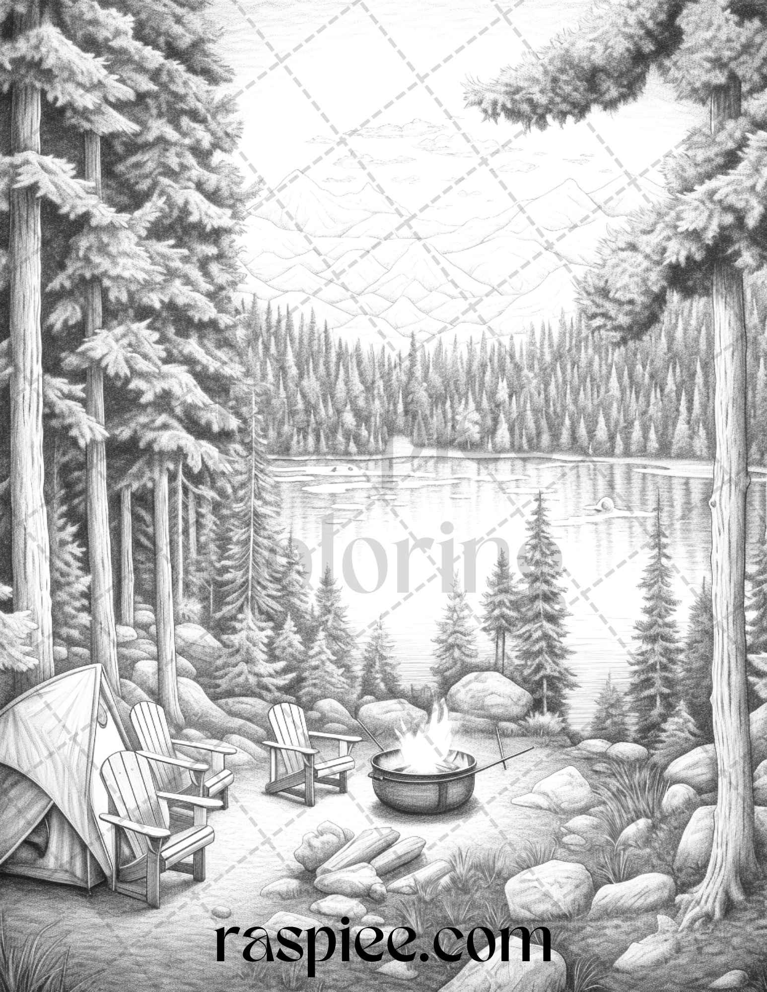 Nature Camping Grayscale Coloring Pages Printable, Relaxing Outdoor Scenes, PDF File Instant Download