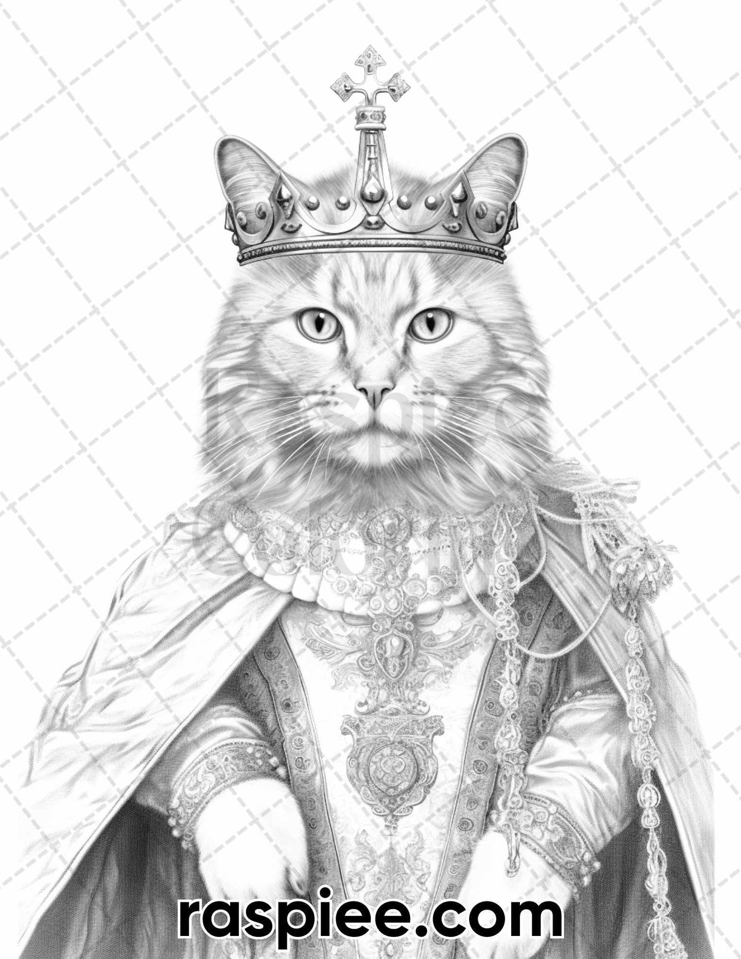 50 Royal King Cat Grayscale Coloring Pages for Adults, Printable PDF Instant Download